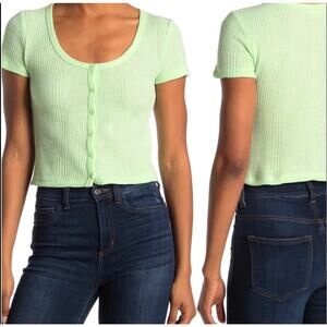 Elodie Waffle Knit Short Sleeve Button Up Crop Top Light Green XL